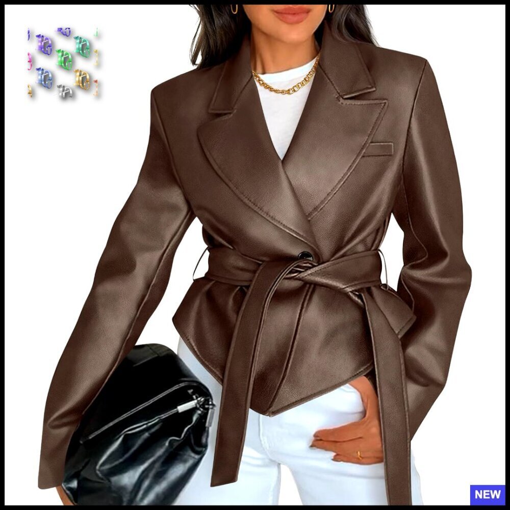 Faux Leather Blazer Jacket Belted Notch Collar Casual Chic Fall Outerwear